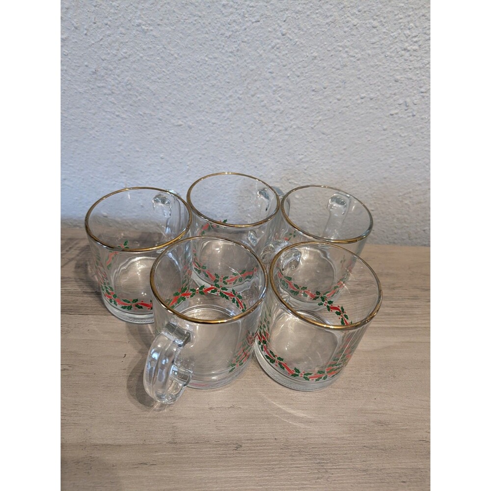 Vintage Libbey Arby's Christmas Holly Berry Gold Rim Glass Mugs Set of 6
